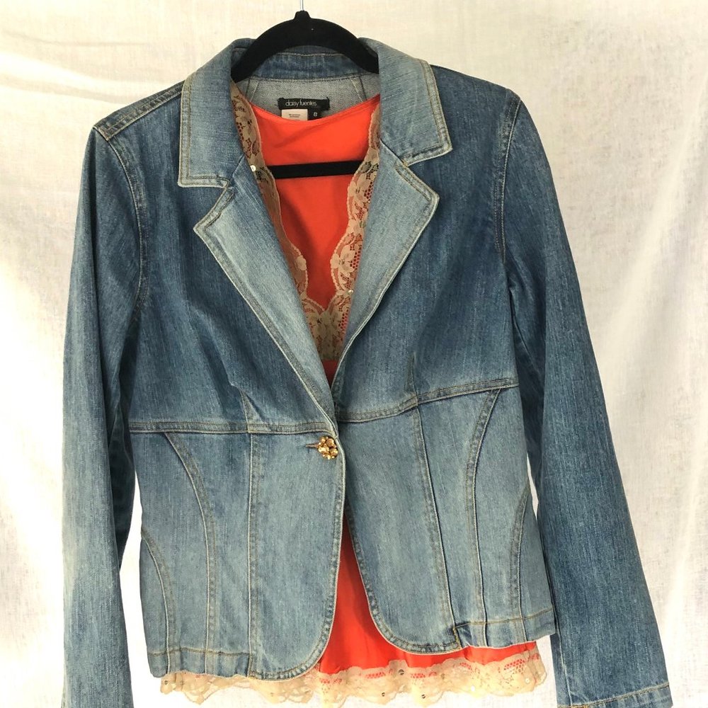 Daisy Fuentes Fitted Jean Jacket w/ Silk/Lace Tank